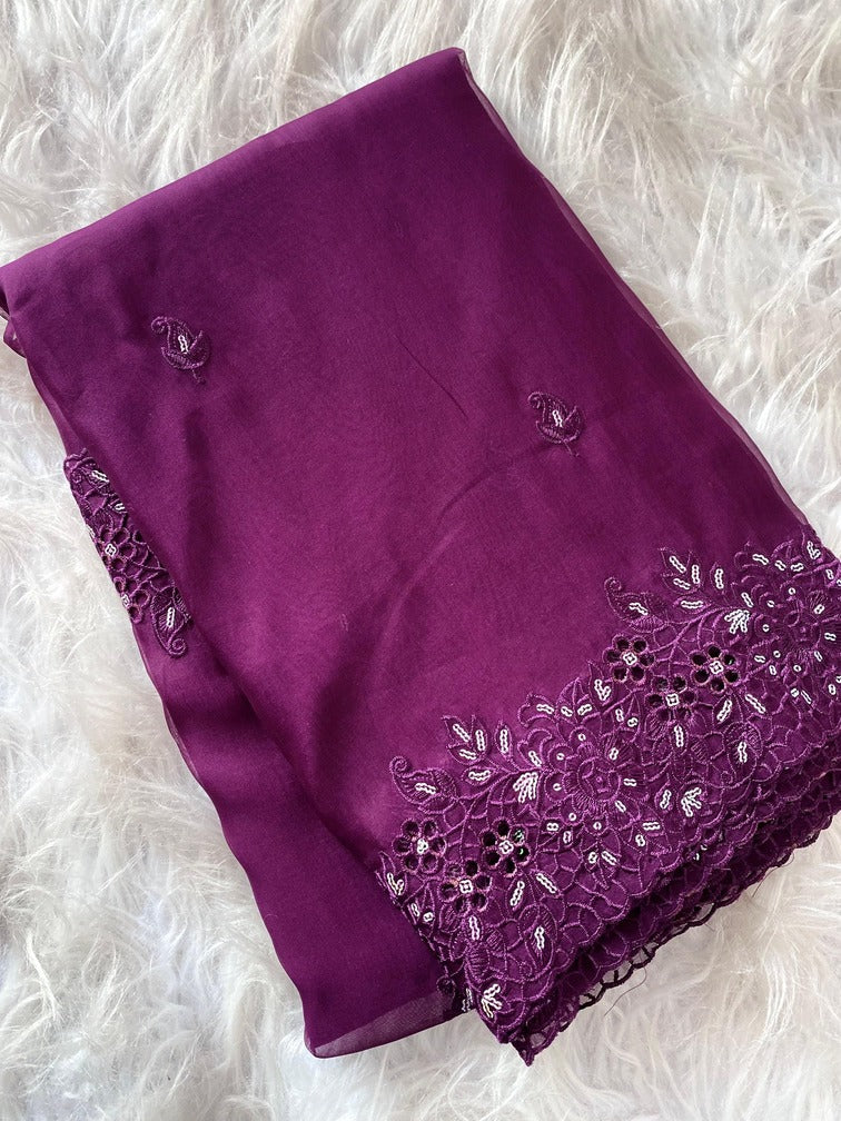 Enticing Purple Embroidery Work Organza Silk Saree With Demesne Blouse Piece