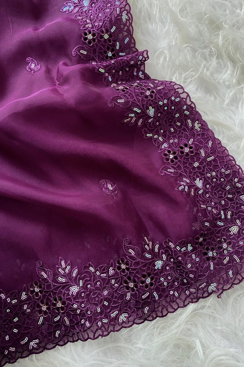 Load image into Gallery viewer, Enticing Purple Embroidery Work Organza Silk Saree With Demesne Blouse Piece
