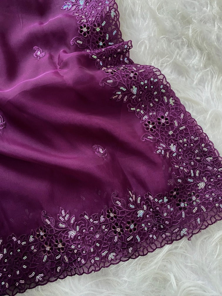 Enticing Purple Embroidery Work Organza Silk Saree With Demesne Blouse Piece