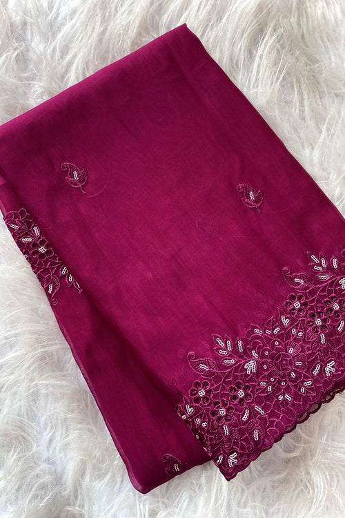 Load image into Gallery viewer, Evocative Wine Embroidery Work Organza Silk Saree With Mellifluous Blouse Piece
