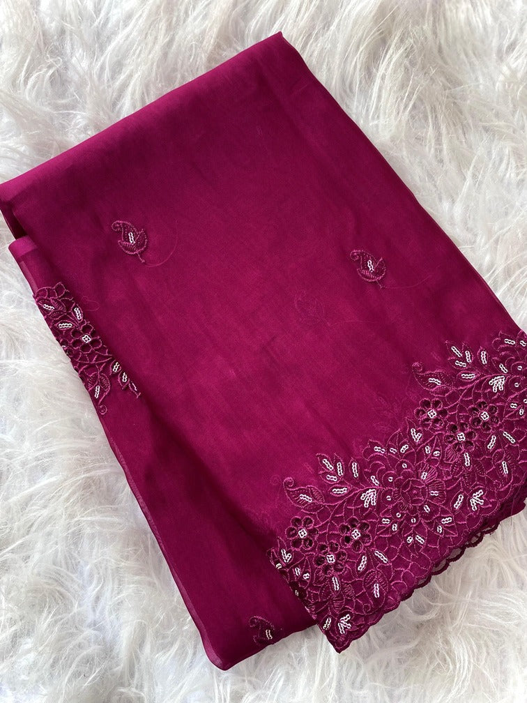 Evocative Wine Embroidery Work Organza Silk Saree With Mellifluous Blouse Piece