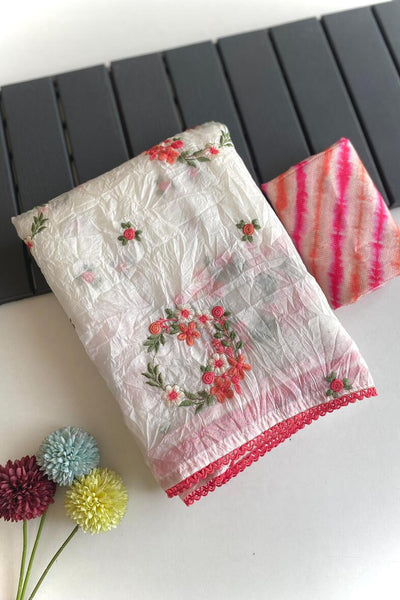 Jubilant Off White Embroidery Work Crush Silk Saree With Admirable Blouse Piece