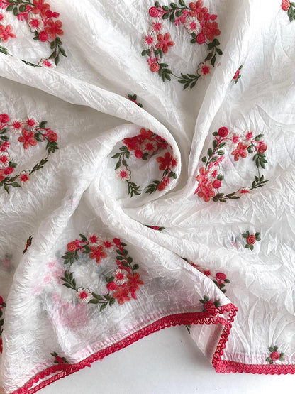 Jubilant Off White Embroidery Work Crush Silk Saree With Admirable Blouse Piece