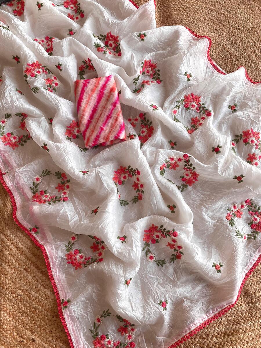 Jubilant Off White Embroidery Work Crush Silk Saree With Admirable Blouse Piece