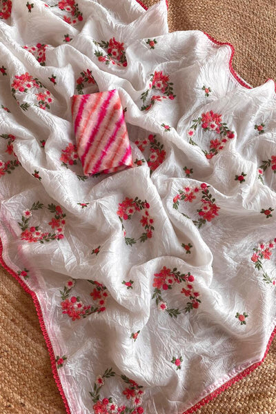 Jubilant Off White Embroidery Work Crush Silk Saree With Admirable Blouse Piece
