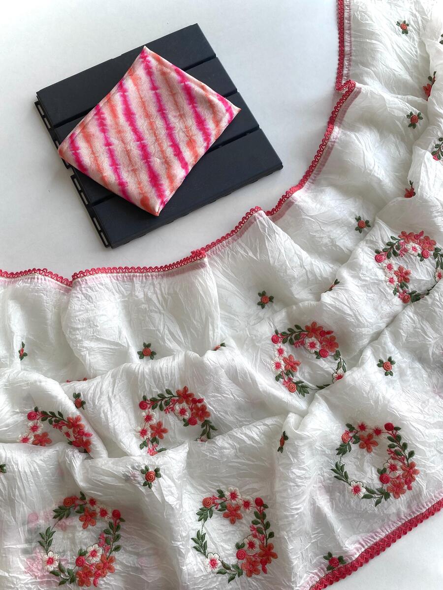 Jubilant Off White Embroidery Work Crush Silk Saree With Admirable Blouse Piece