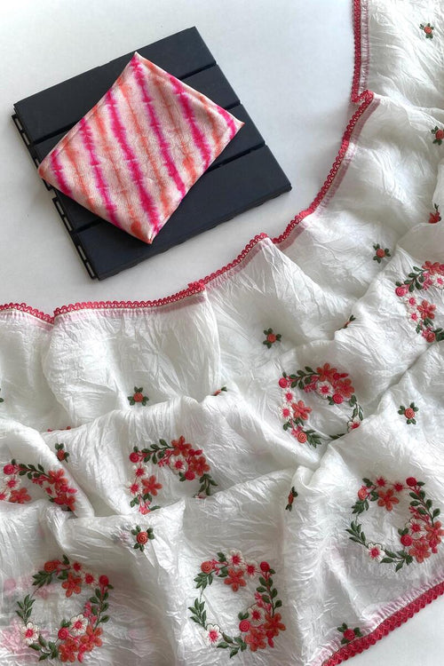 Load image into Gallery viewer, Jubilant Off White Embroidery Work Crush Silk Saree With Admirable Blouse Piece
