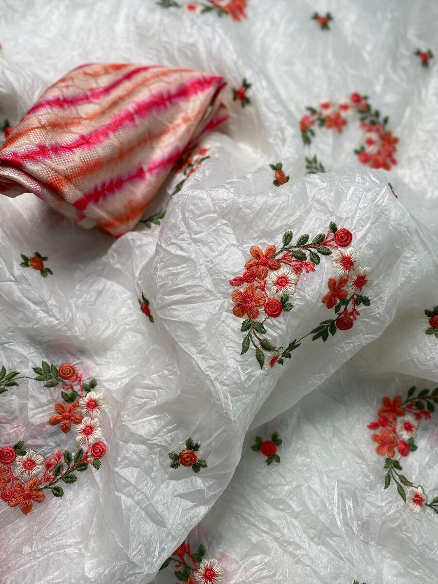 Jubilant Off White Embroidery Work Crush Silk Saree With Admirable Blouse Piece