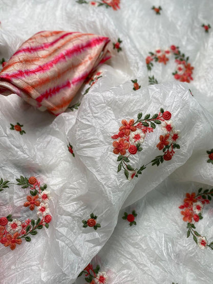 Jubilant Off White Embroidery Work Crush Silk Saree With Admirable Blouse Piece