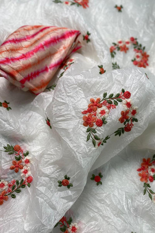 Load image into Gallery viewer, Jubilant Off White Embroidery Work Crush Silk Saree With Admirable Blouse Piece
