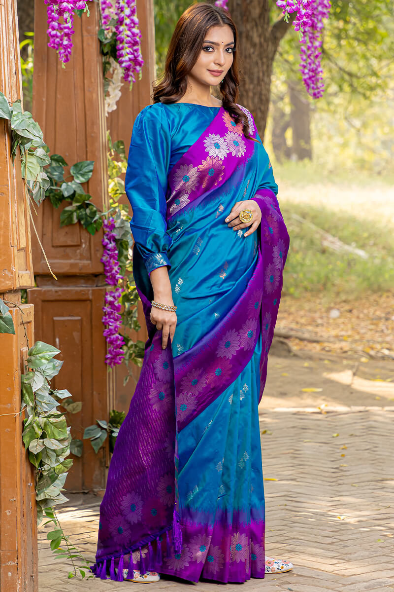 Pleasurable Blue Soft Banarasi Silk Saree With Imaginative Blouse Piece