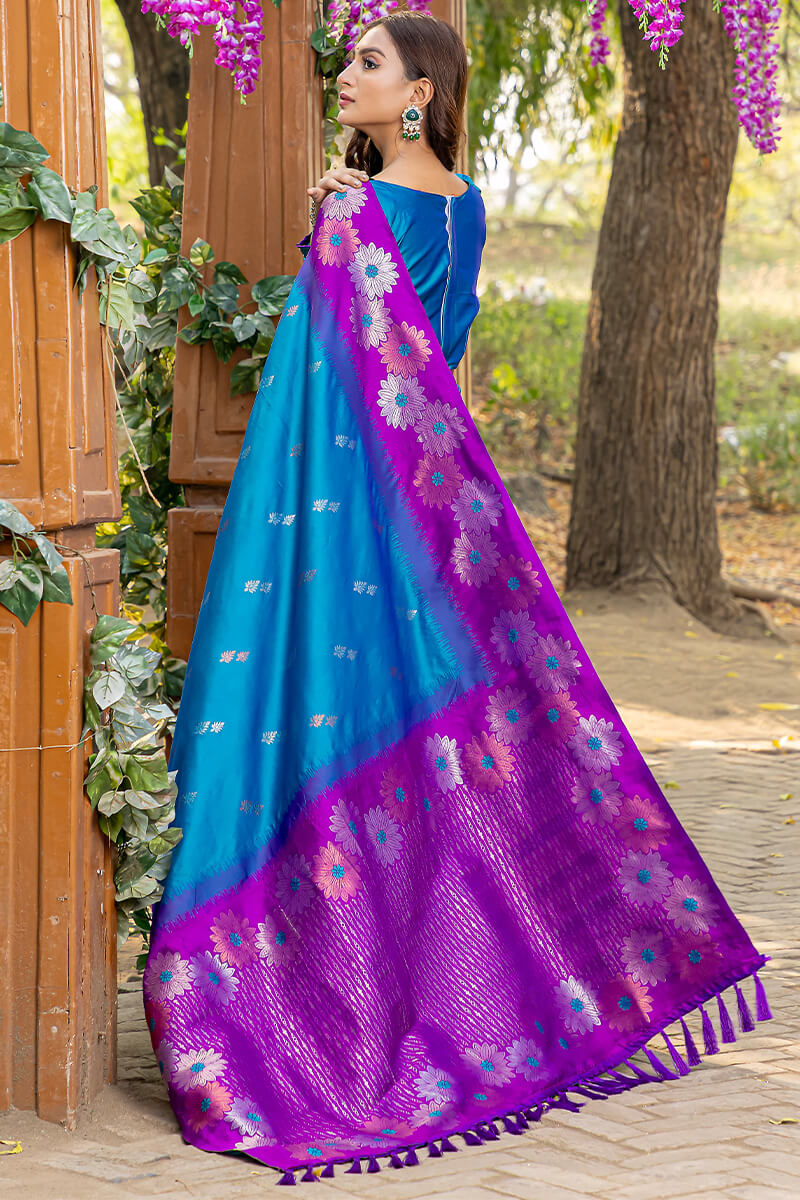 Pleasurable Blue Soft Banarasi Silk Saree With Imaginative Blouse Piece