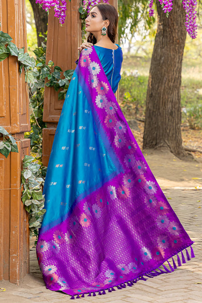 Pleasurable Blue Soft Banarasi Silk Saree With Imaginative Blouse Piece