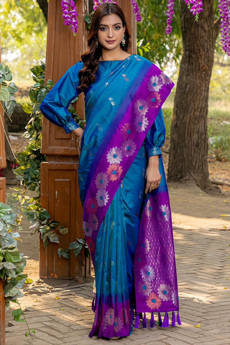 Pleasurable Blue Soft Banarasi Silk Saree With Imaginative Blouse Piece