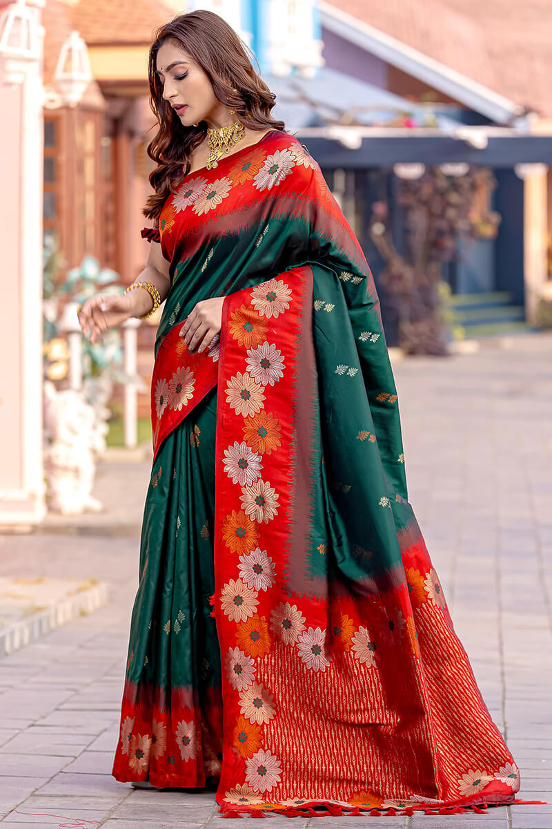 Profuse Dark Green Soft Banarasi Silk Saree With Elaborate Blouse Piece