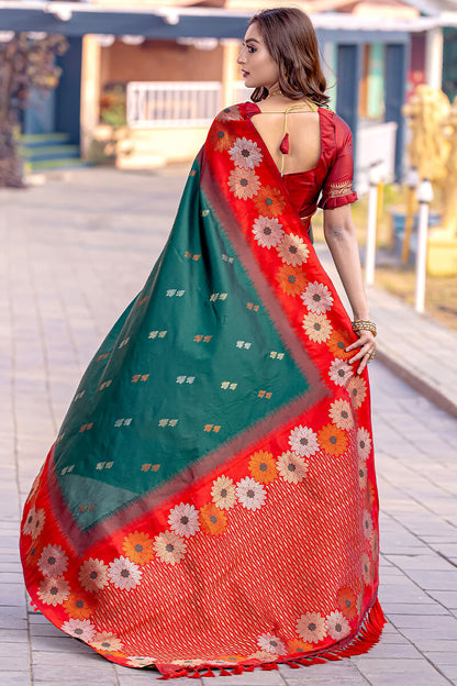 Profuse Dark Green Soft Banarasi Silk Saree With Elaborate Blouse Piece