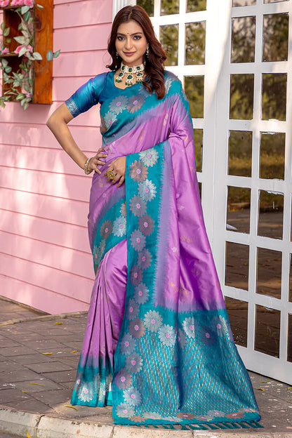 Ornate Lavender Soft Banarasi Silk Saree With Rhapsody Blouse Piece