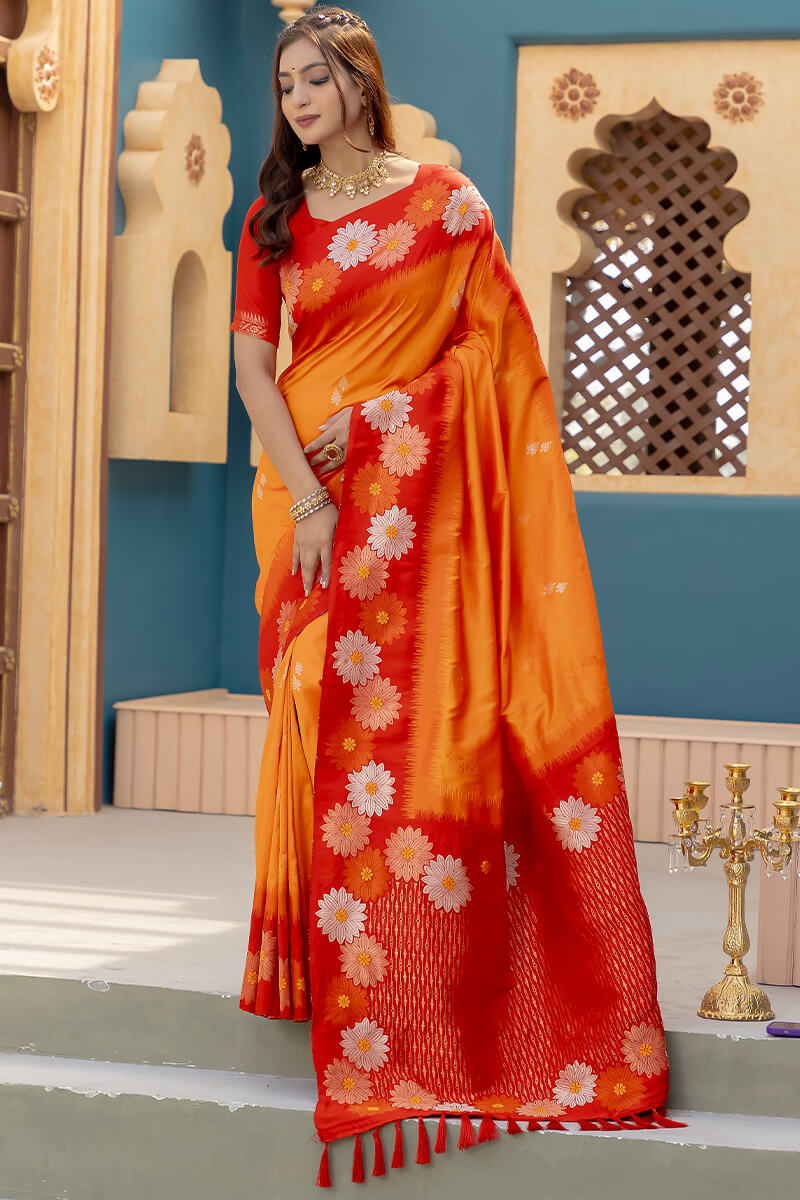 Lustrous Orange Soft Banarasi Silk Saree With Dulcet Blouse Piece