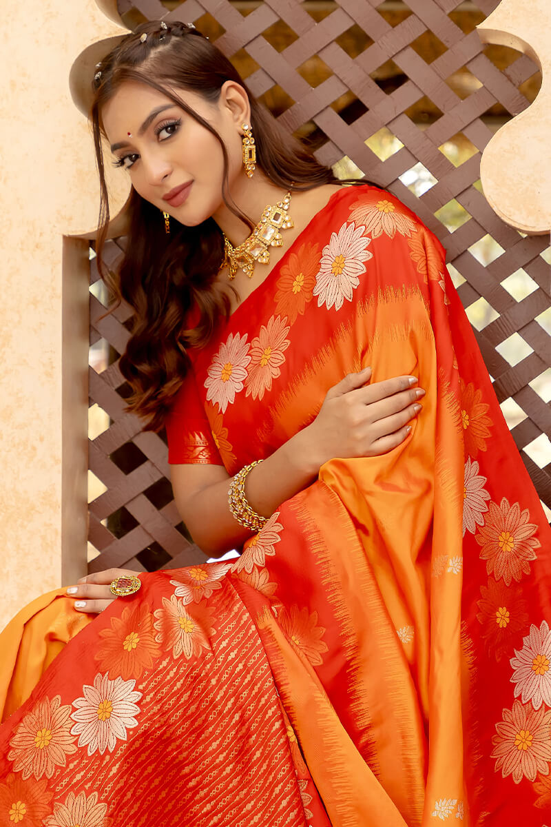 Lustrous Orange Soft Banarasi Silk Saree With Dulcet Blouse Piece