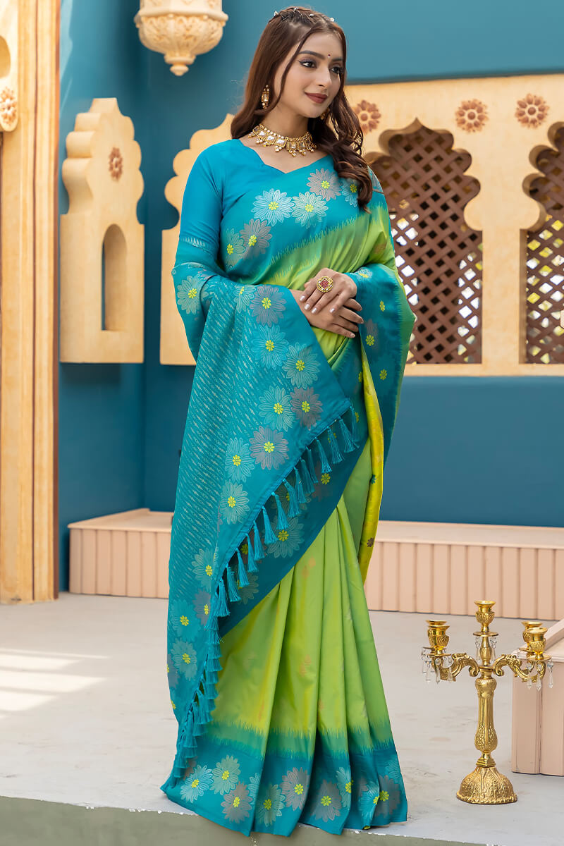 Seraphic Parrot Soft Banarasi Silk Saree With Quixotic Blouse Piece