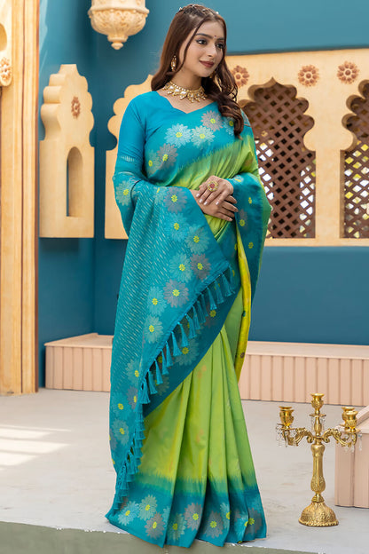 Seraphic Parrot Soft Banarasi Silk Saree With Quixotic Blouse Piece