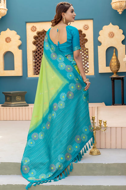 Seraphic Parrot Soft Banarasi Silk Saree With Quixotic Blouse Piece