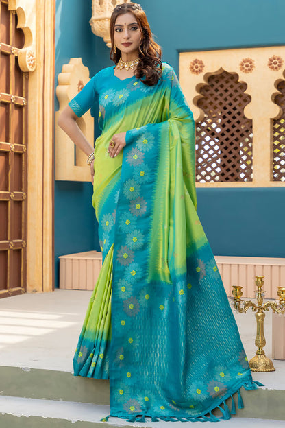 Seraphic Parrot Soft Banarasi Silk Saree With Quixotic Blouse Piece
