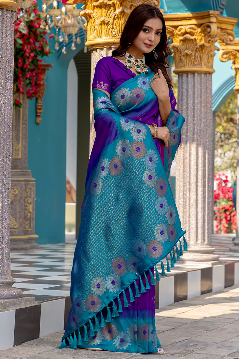 Panache Pruple Soft Banarasi Silk Saree With Resplendent Blouse Piece