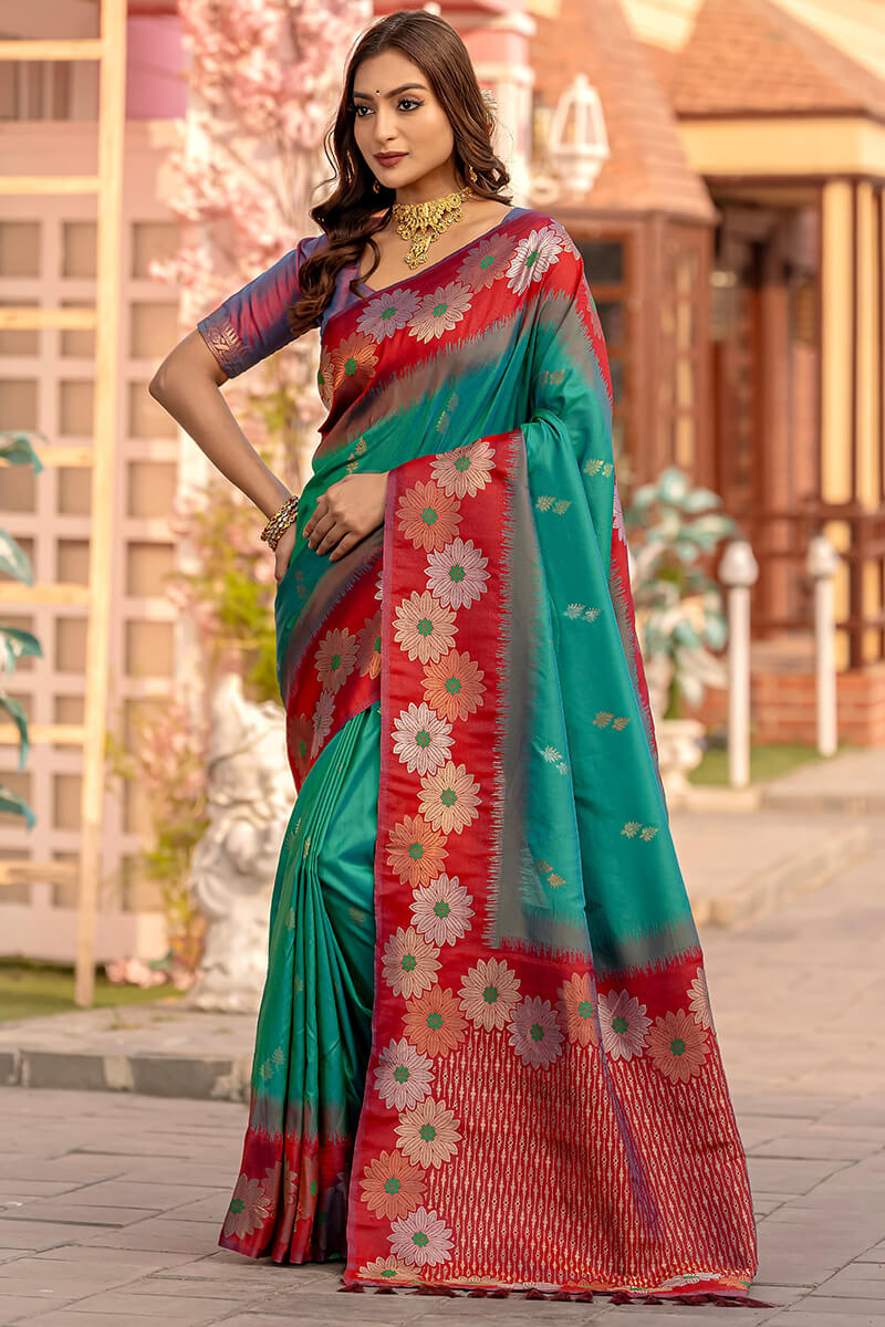Supernal Rama Soft Banarasi Silk Saree With Luxuriant Blouse Piece