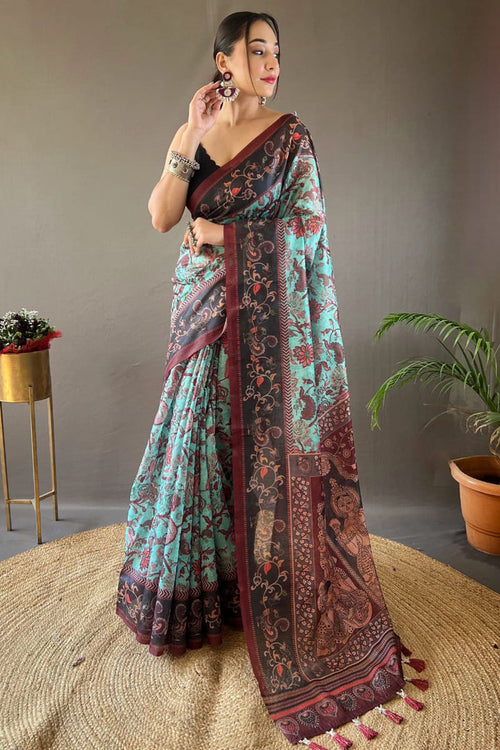 Load image into Gallery viewer, Imbrication Firozi Digital Printed Cotton Silk Saree With Epiphany Blouse Piece
