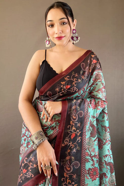 Load image into Gallery viewer, Imbrication Firozi Digital Printed Cotton Silk Saree With Epiphany Blouse Piece
