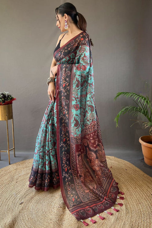 Load image into Gallery viewer, Imbrication Firozi Digital Printed Cotton Silk Saree With Epiphany Blouse Piece
