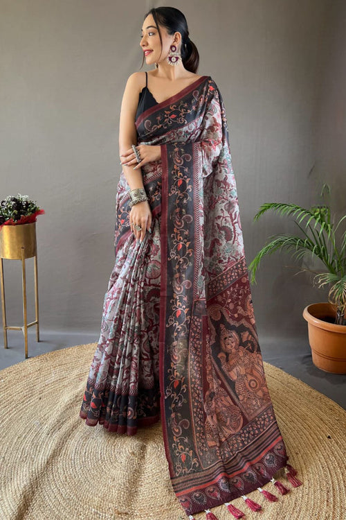 Load image into Gallery viewer, Cynosure Grey Digital Printed Cotton Silk Saree With Beleaguer Blouse Piece
