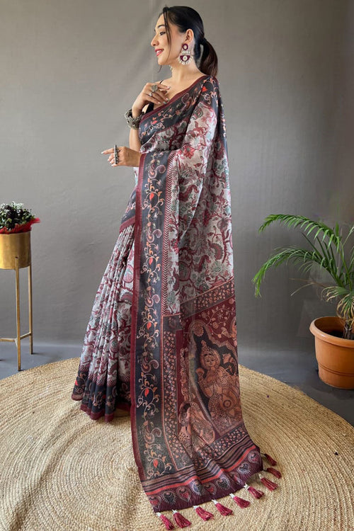 Load image into Gallery viewer, Cynosure Grey Digital Printed Cotton Silk Saree With Beleaguer Blouse Piece
