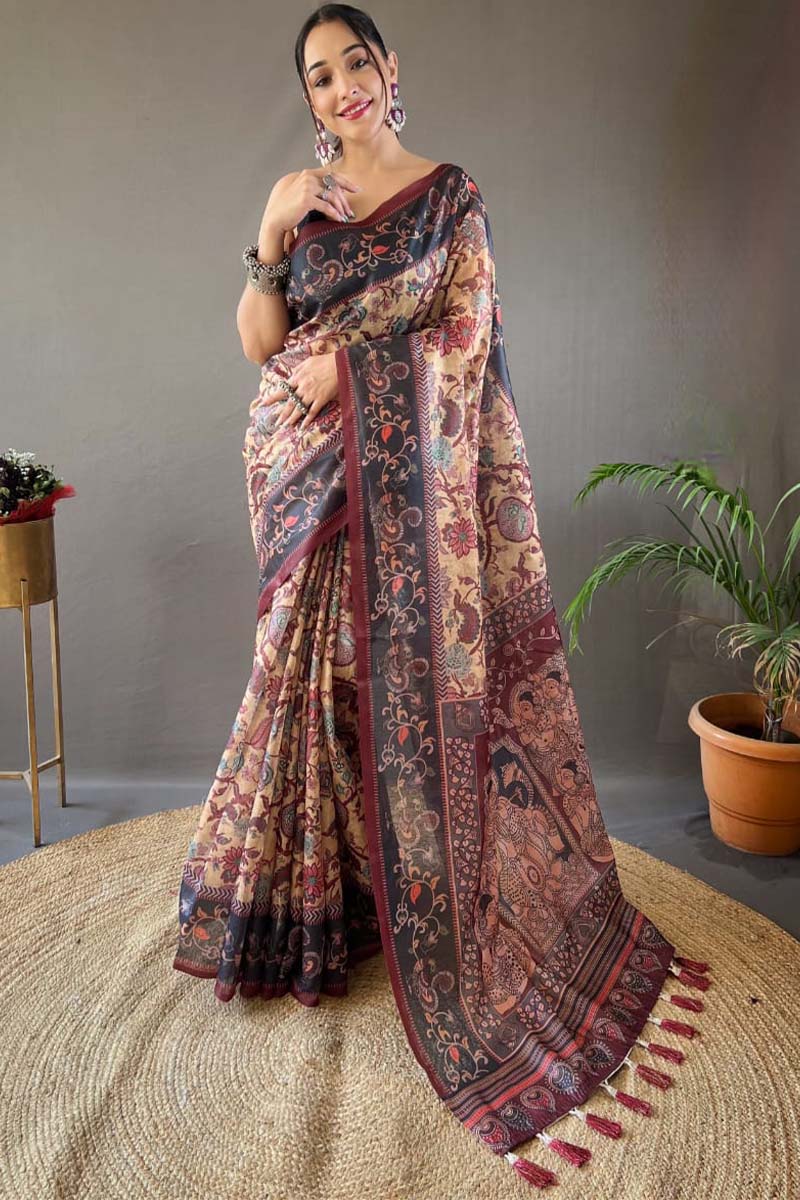 Comely Peach Digital Printed Cotton Silk Saree With Exquisite Blouse Piece