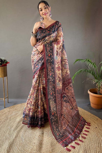 Comely Peach Digital Printed Cotton Silk Saree With Exquisite Blouse Piece