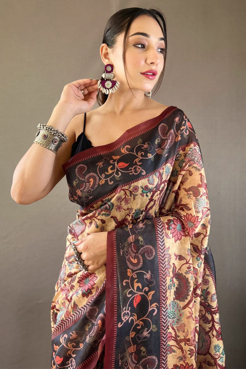 Comely Peach Digital Printed Cotton Silk Saree With Exquisite Blouse Piece