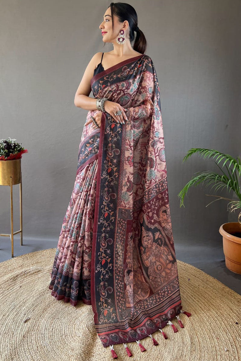 Inspiring Pink Digital Printed Cotton Silk Saree With Preferable Blouse Piece