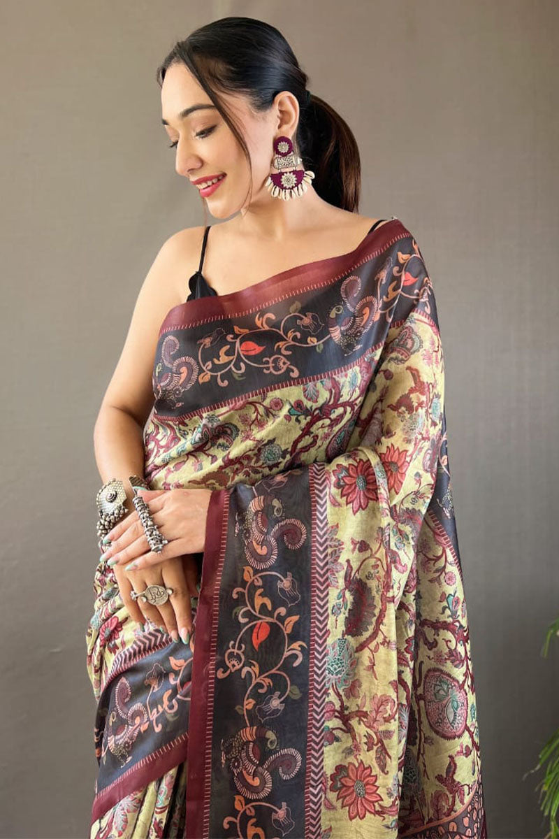 Exceptional Pista Digital Printed Cotton Silk Saree With Arresting Blouse Piece