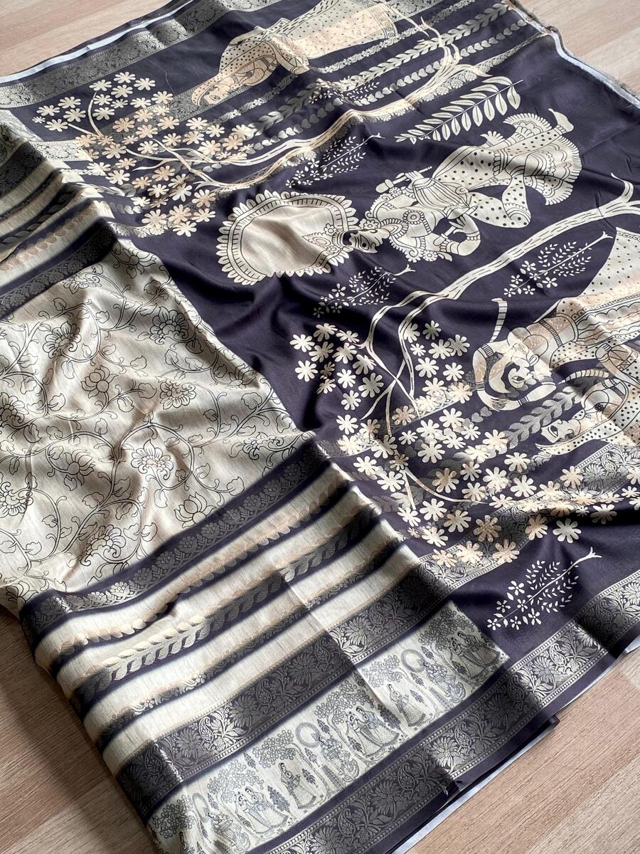 Exuberant Black and White Digital Printed Dola Silk Saree With Surpassing Blouse Piece