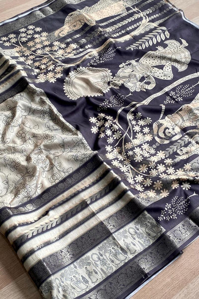 Exuberant Black and White Digital Printed Dola Silk Saree With Surpassing Blouse Piece