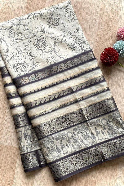 Exuberant Black and White Digital Printed Dola Silk Saree With Surpassing Blouse Piece