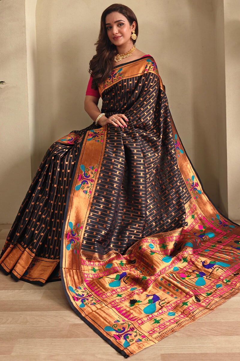 Redolent Black Paithani Silk Saree With Profuse Blouse Piece