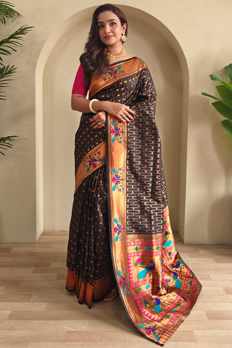 Redolent Black Paithani Silk Saree With Profuse Blouse Piece