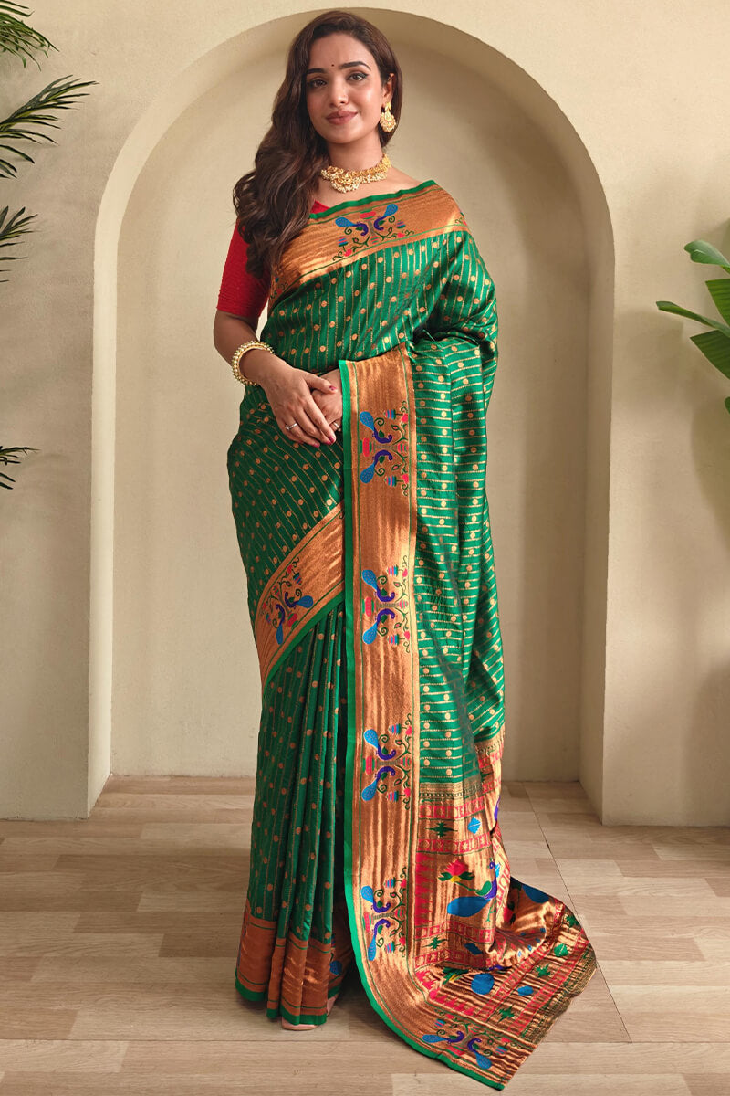Petrichor Dark Green Paithani Silk Saree With Artistic Blouse Piece