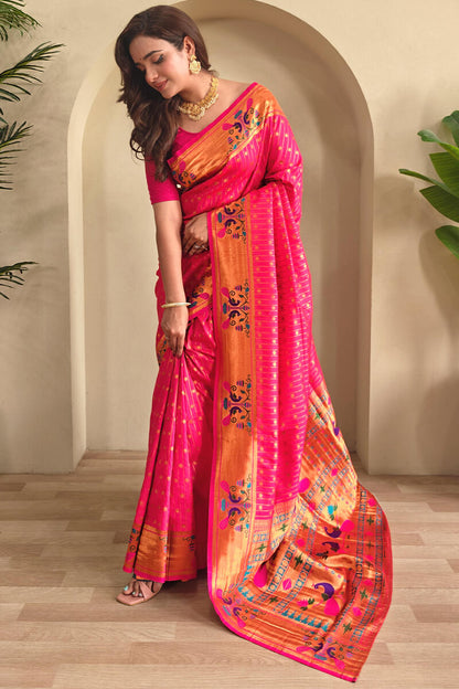 Seraglio Dark Pink Paithani Silk Saree With Jubilant Blouse Piece