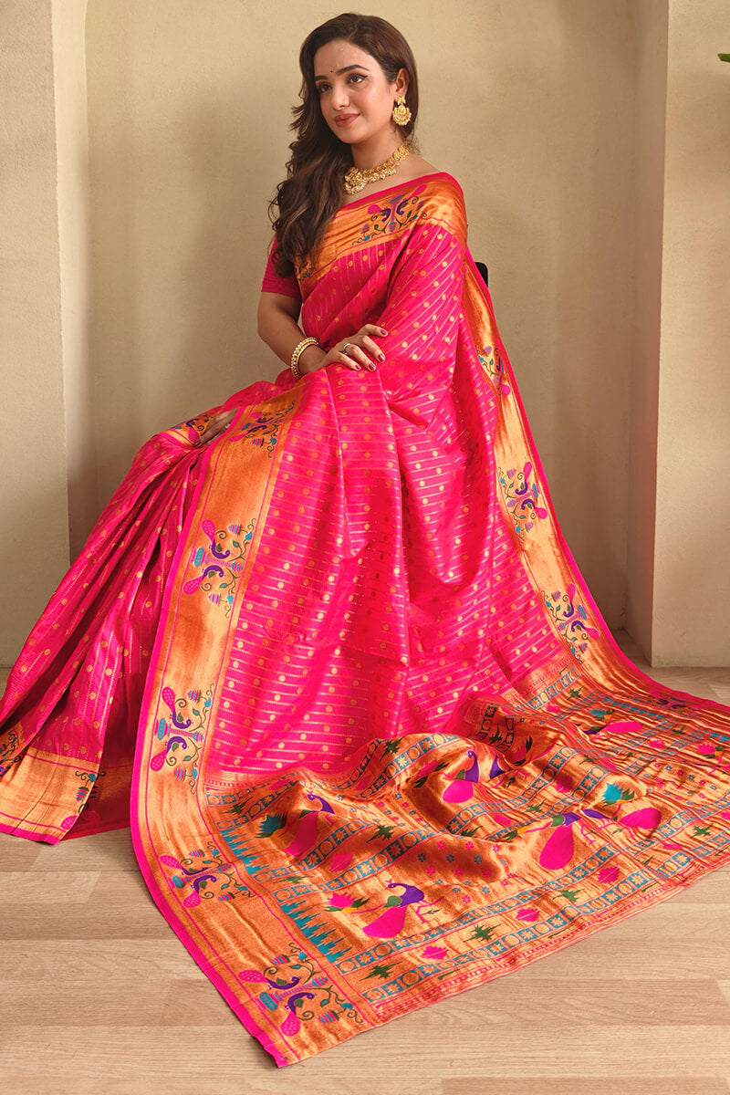 Seraglio Dark Pink Paithani Silk Saree With Jubilant Blouse Piece