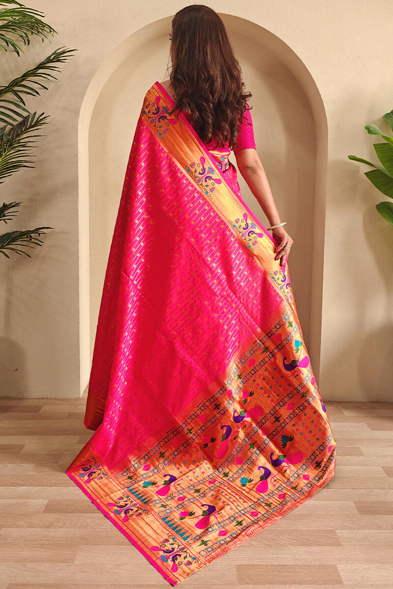 Seraglio Dark Pink Paithani Silk Saree With Jubilant Blouse Piece
