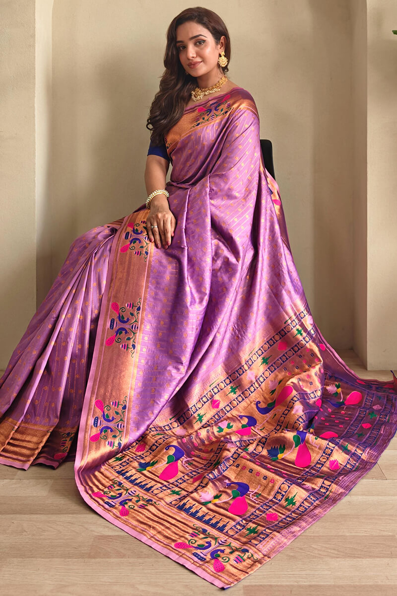 Mellifluous Lavender Paithani Silk Saree With Fantabulous Blouse Piece