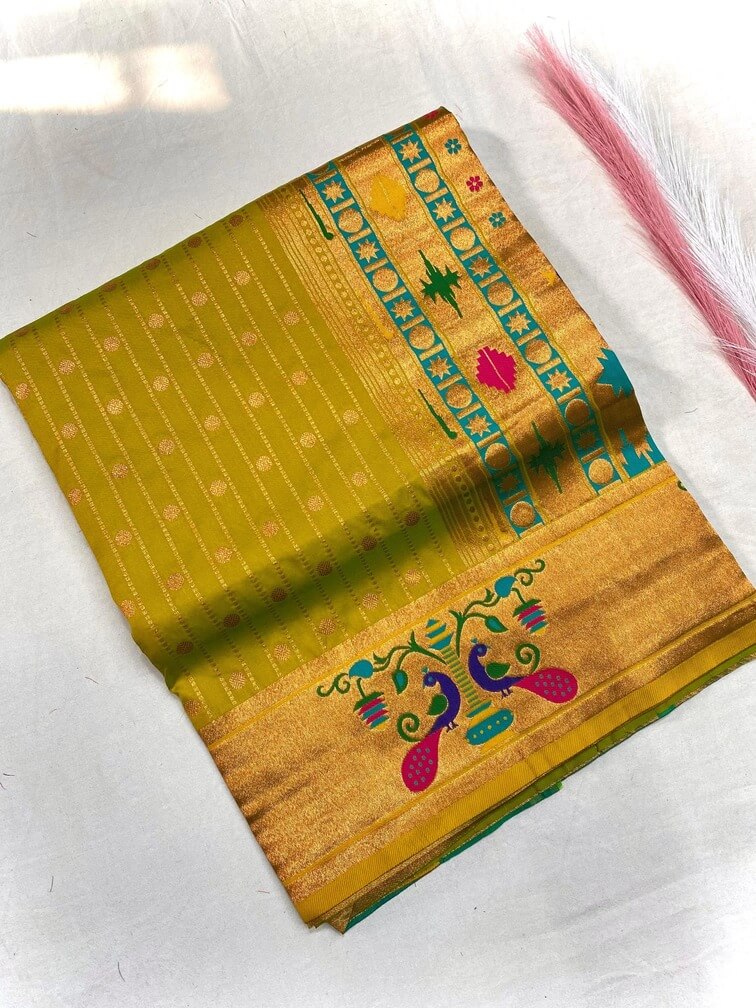 Resplendent Mehndi Paithani Silk Saree With Incredible Blouse Piece